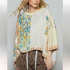 313. POL Casual Boho Patchwork Floral Lace Mix Print Top